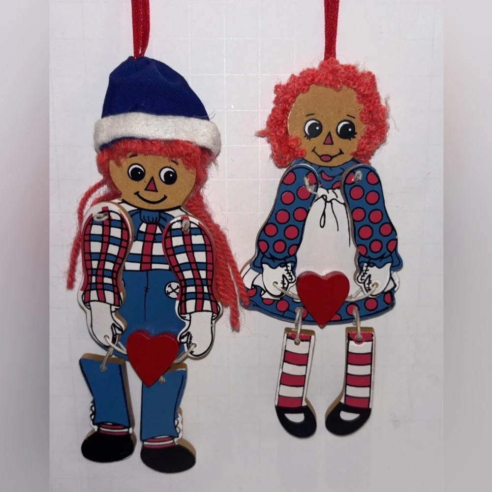 Vintage Kurt Adler Raggedy Ann & Andy Wooden Jointed Christmas Ornaments 6”‎